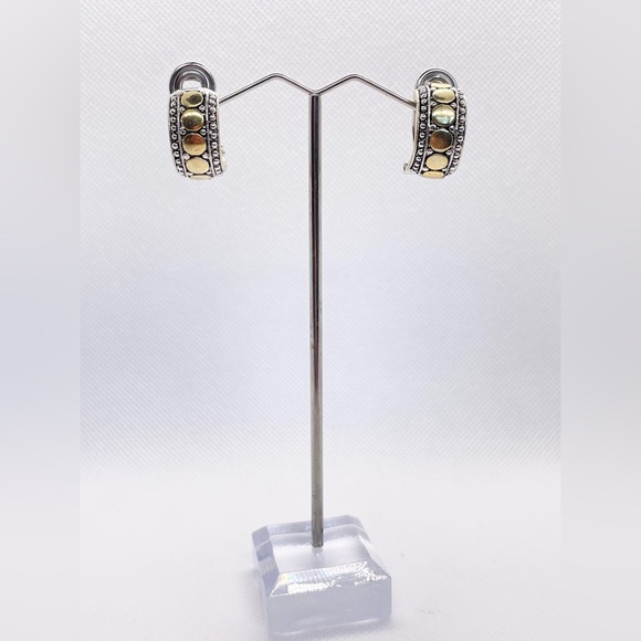 Beautiful gold and silver tone hoops. Gold circular design with one piece clasp. - Picture 2 of 12